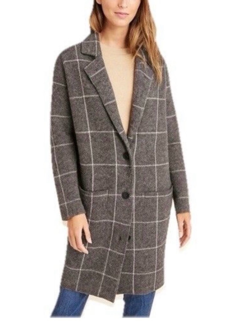 Anthropologie Gray Windowpane Wool-Blend Pea Coat